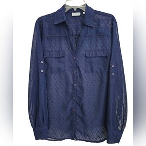 New York & Company Dark Blue Swiss Dot Blouse  XL